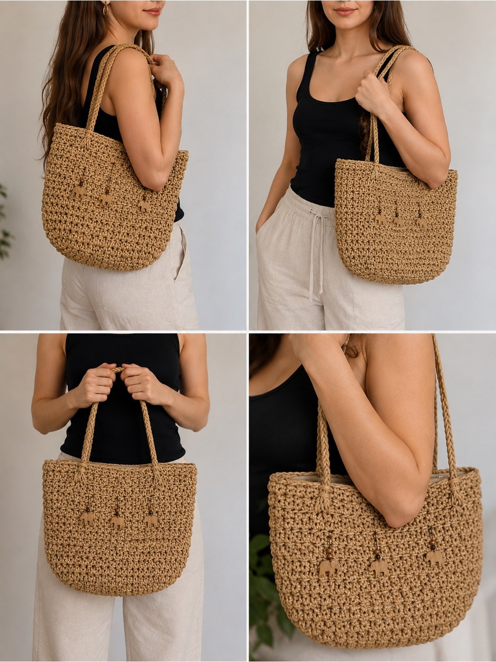 Vintage Cappelli Straworld Inc Large Tote With Safari Animal Wood Beads Notes